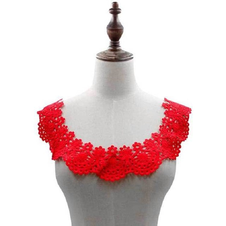 Scalloped red lace embroidered collar with hollow floral pattern, DIY accessory