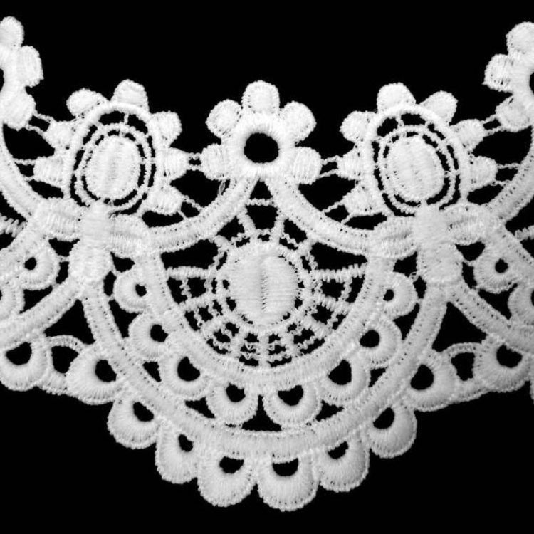 White lace applique collar trim with round motifs and cutout floral embroidery