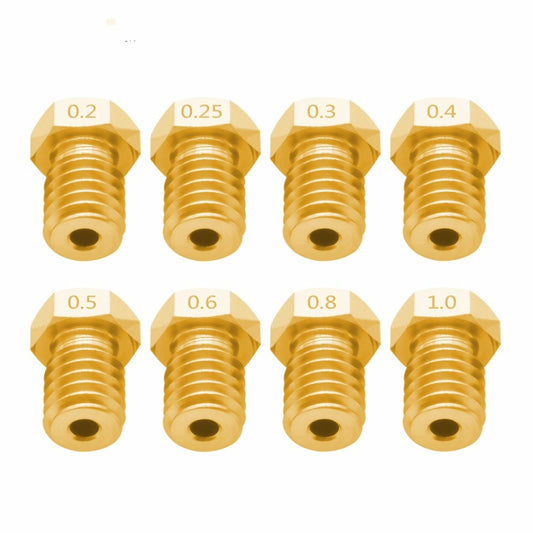 Brass 3D printer nozzle tips with openings; sizes 0.2,0.25,0.3,0.4,0.5,0.6,0.8,1.0.