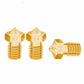 Brass 3D printer nozzle set, angled view; marked 0.3, 0.4, and 1.0 nozzles.