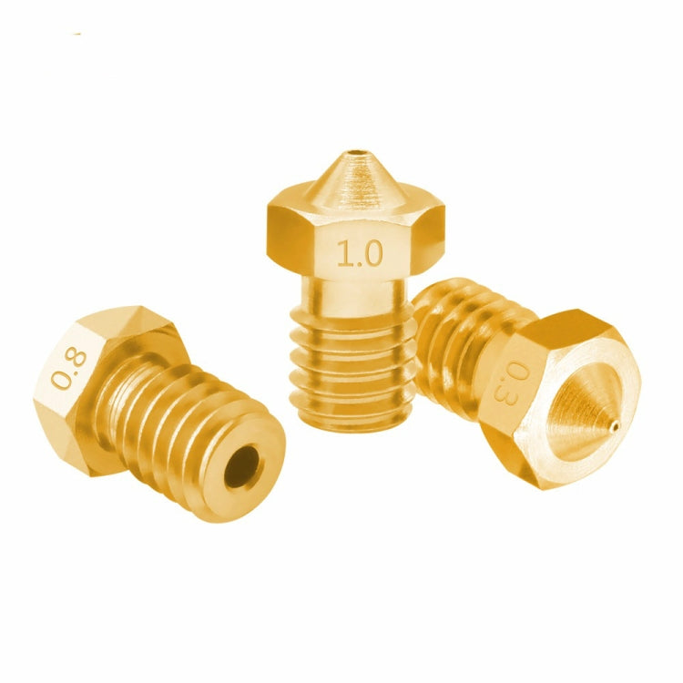 Brass 3D printer nozzle set, angled; marked 0.8 and 1.0, plus another nozzle body.