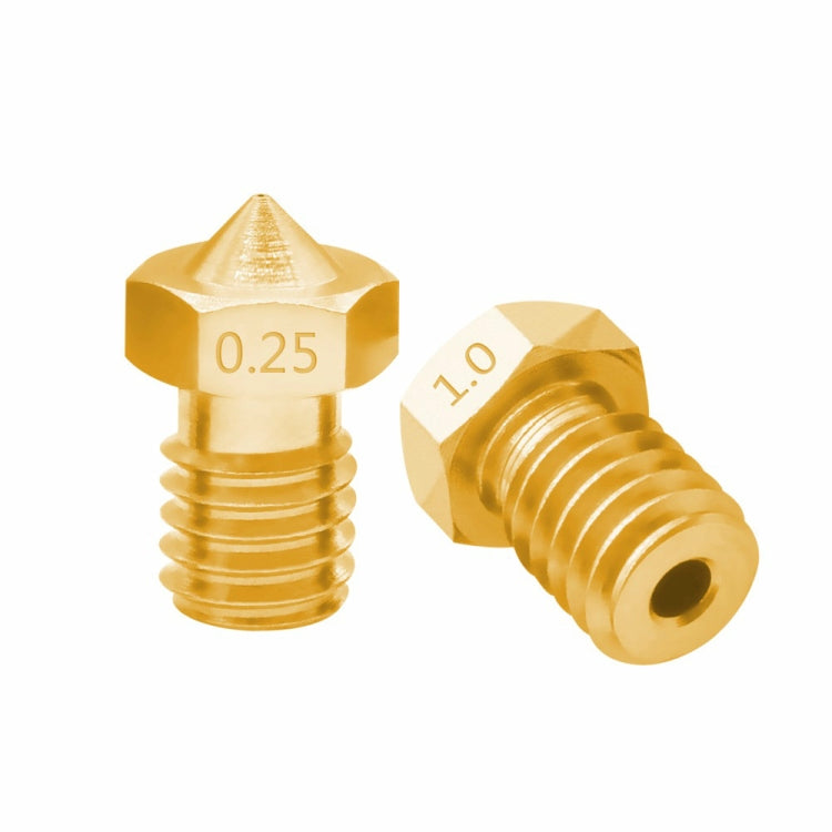 Brass 3D printer nozzle set, side view; marked 0.25 and 1.0.
