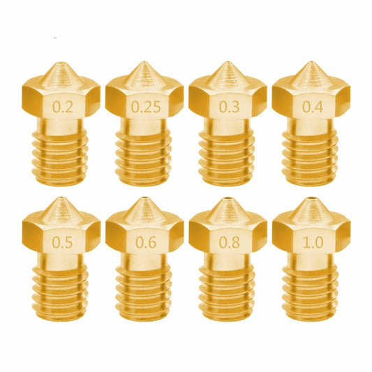 Brass 3D printer nozzle set, marked sizes 0.2–1.0 (0.2,0.25,0.3,0.4,0.5,0.6,0.8,1.0).