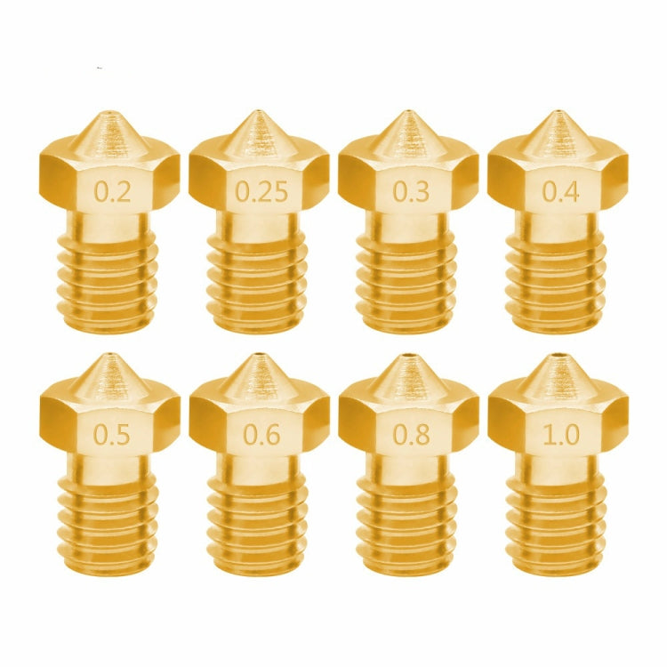 Brass hotend nozzles, 8-piece set with stamped sizes 0.2, 0.25, 0.3, 0.4, 0.5, 0.6, 0.8, 1.0