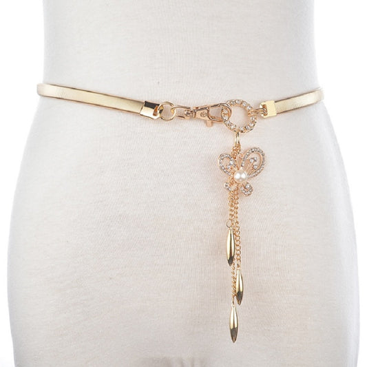 Gold-tone waist chain belt with rhinestone clasp and pearl butterfly drop