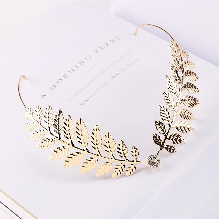 Gold leaf crystal headband with teardrop leaves and a small round rhinestone center
