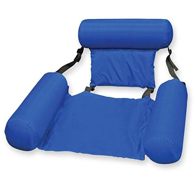 Blue inflatable pool hammock lounge chair with headrest and backrest, two side bolsters