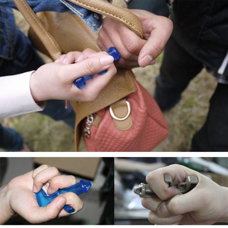 Hands holding blue finger stinger self-defense tool keychain on bag strap