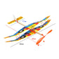 DIY rubber-powered glider airplane toy with orange propeller, multicolor wings and body.