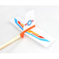 Front section of a blue-white DIY rubber-powered plane glider with orange propeller hub.