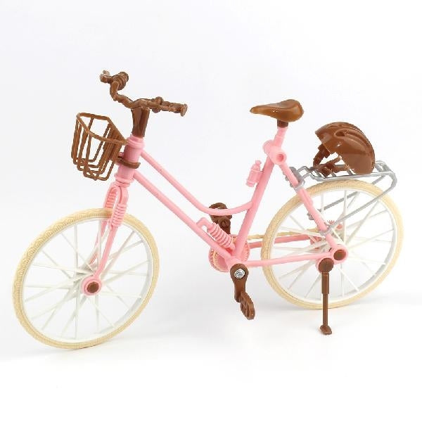 Mini dollhouse bicycle with pink frame, tan wheels, brown handlebar, front basket