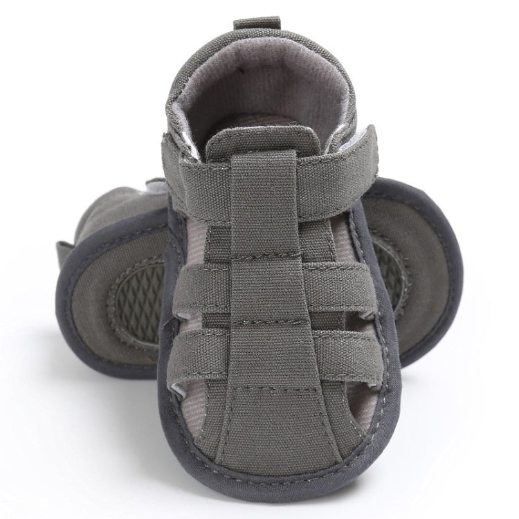Grey toddler canvas sandals, front view with Velcro straps and soft padded lining