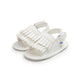 Baby fringed sandals in white PU, front view, open toe with ankle strap