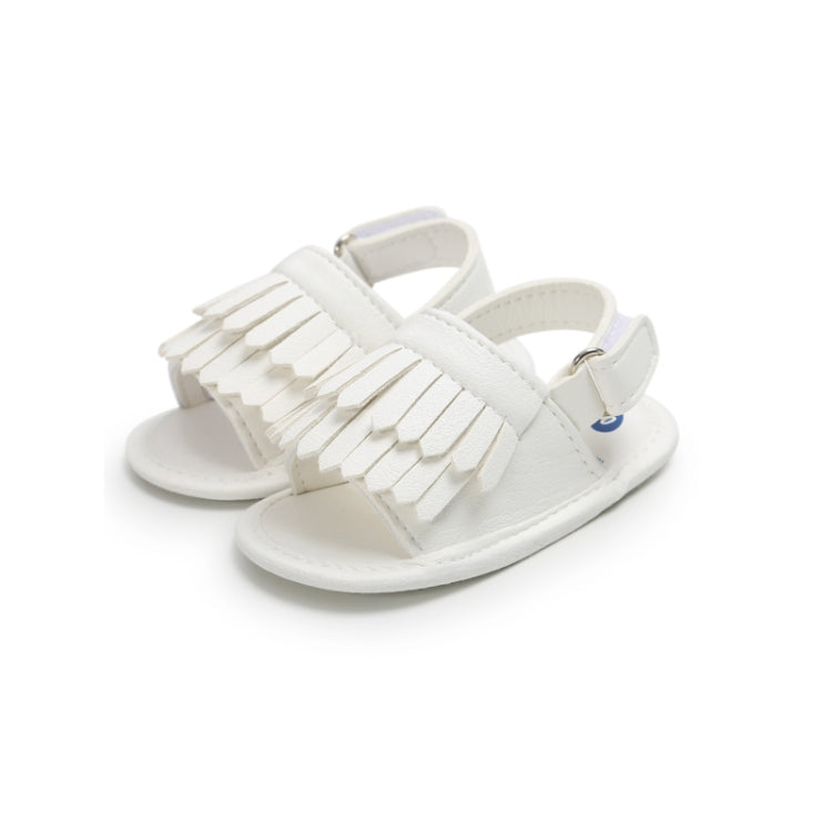 Baby fringed sandals in white PU, front view, open toe with ankle strap