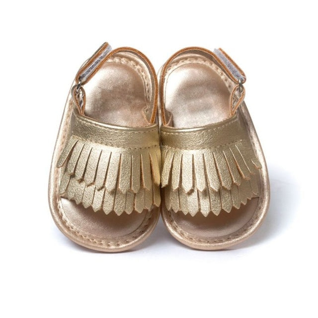 Baby fringed sandals in gold PU, front view, tassel fringe across vamp