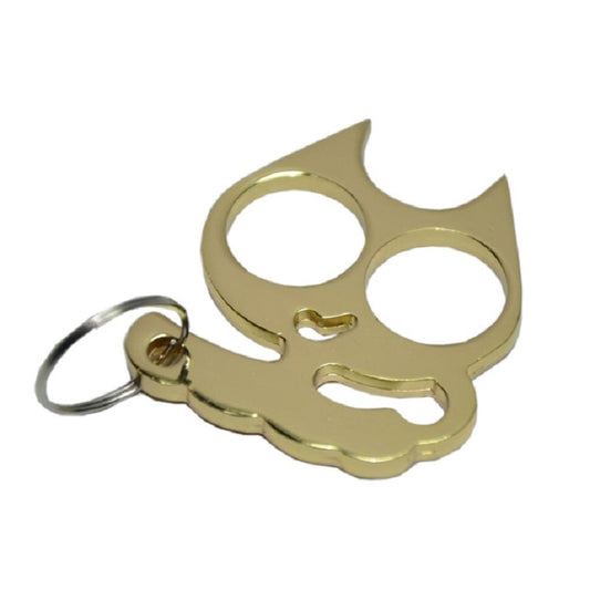 Gold cat-shaped metal keychain self-defense tool with keyring and face cutouts