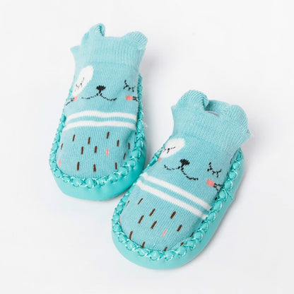 Blue cartoon animal toddler non-slip cotton socks with striped top, stitched grip soles