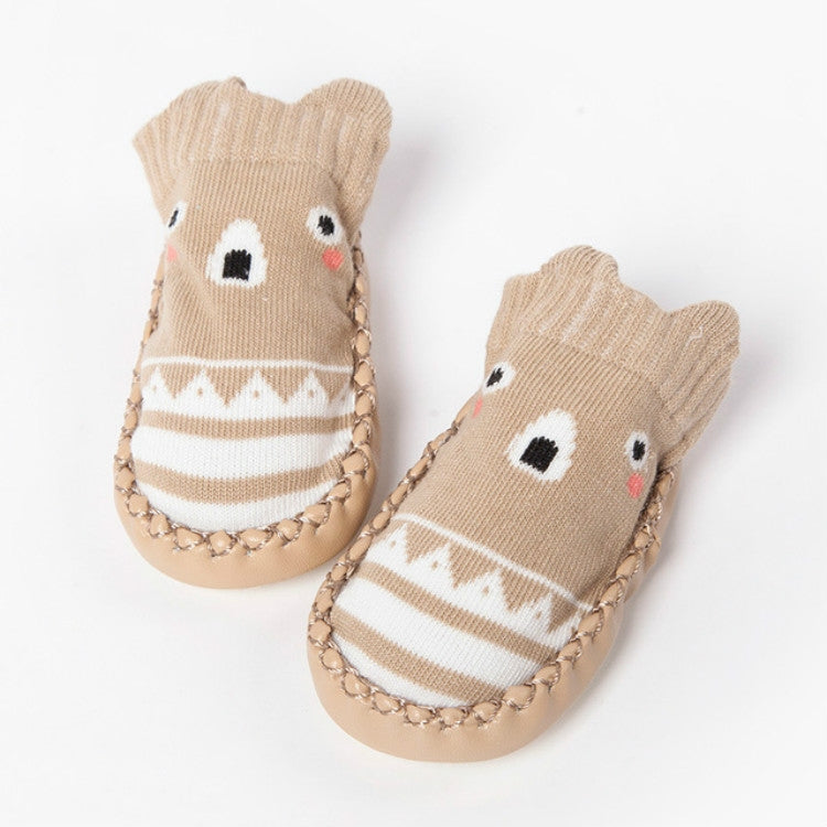 Khaki cotton toddler socks with cartoon animal face, striped top, non-slip knit sole