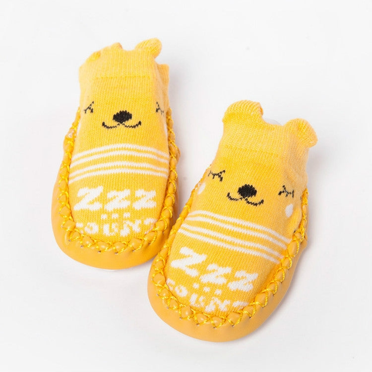 Baby non-slip cotton toddler socks in yellow, smiling bear with striped pattern and grips