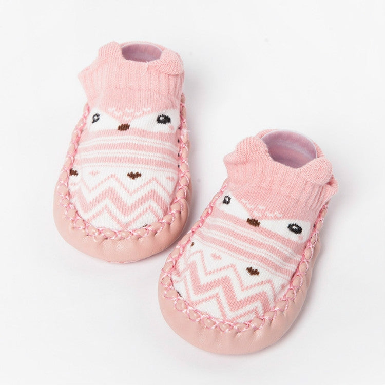 Baby non-slip cotton toddler socks, pink knit with animal face and chevron stripes, grippers