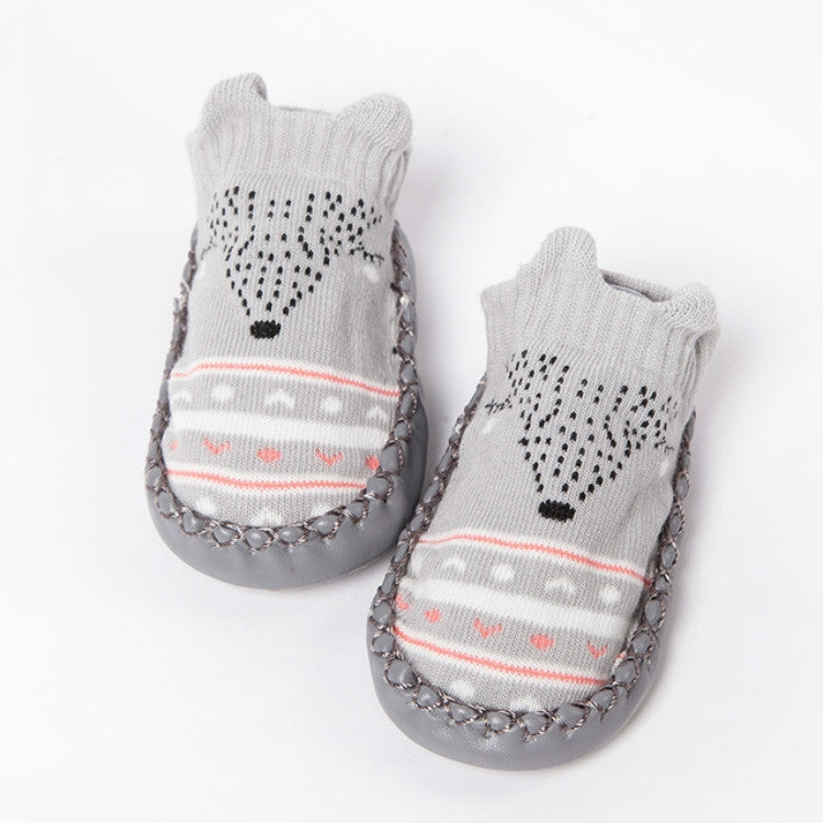 Light gray baby socks with bear motif, ribbed cuffs, striped design, non-slip sole