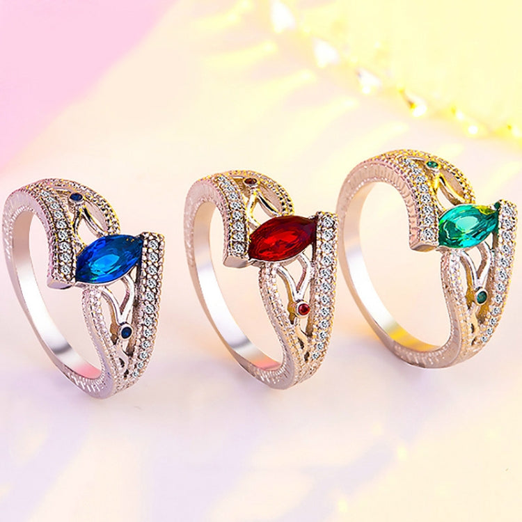 Sterling silver engagement rings with blue, red, and green zircon stones