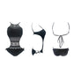 Black lace one-piece swimsuit, multiple views showing halter straps and tie-side bottoms