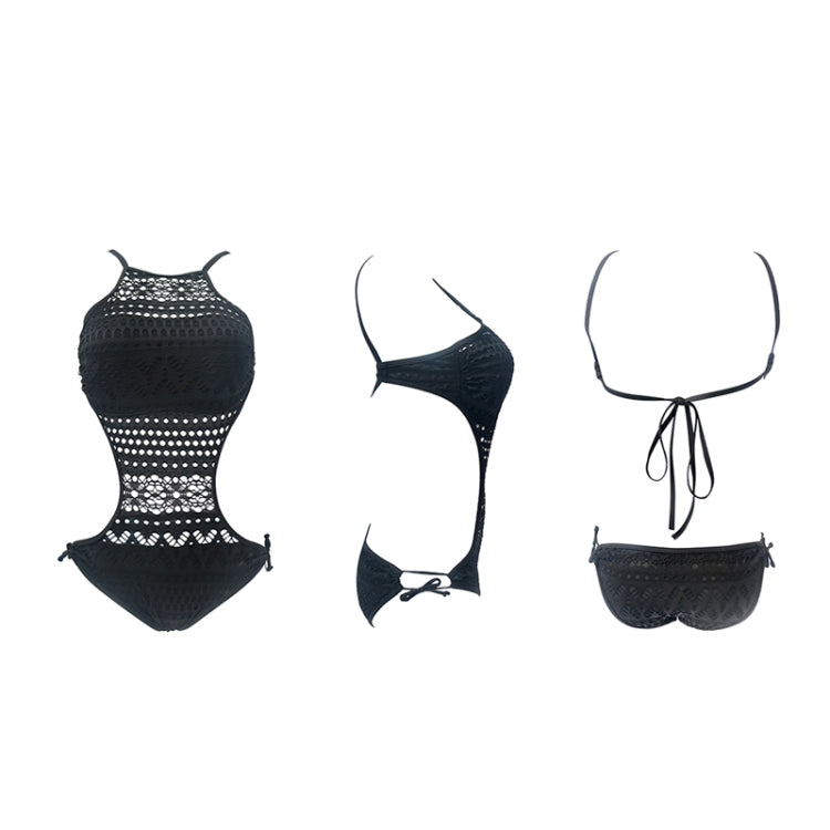 Black lace one-piece swimsuit, multiple views showing halter straps and tie-side bottoms