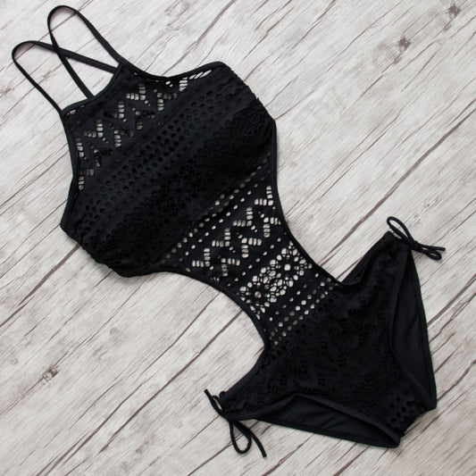 Sexy One Piece Solid Color Backless Hollow Lace Tight Swimsuit for Women, L, M, S