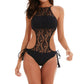 Black hollow lace one-piece swimsuit with high neck, backless cutout, tie-side briefs