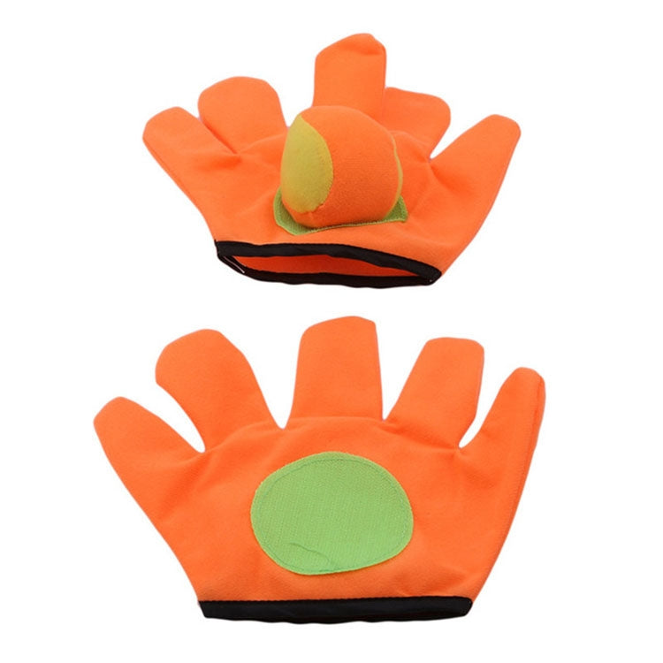Kids plush sticky ball catching gloves set with orange fabric, green pads, and black cuffs.