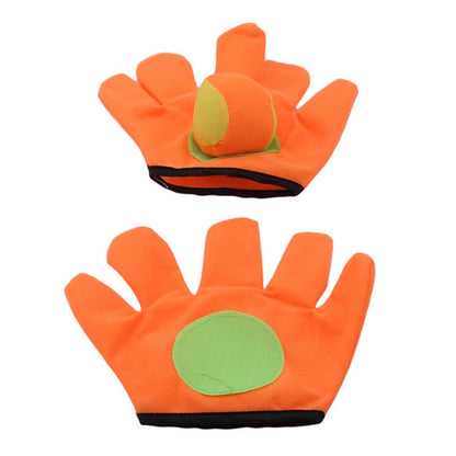 Kids plush sticky ball catching gloves set with orange fabric, green pads, and black cuffs.