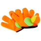 Kids plush sticky ball catching gloves, orange with green palm pads and black cuffs.
