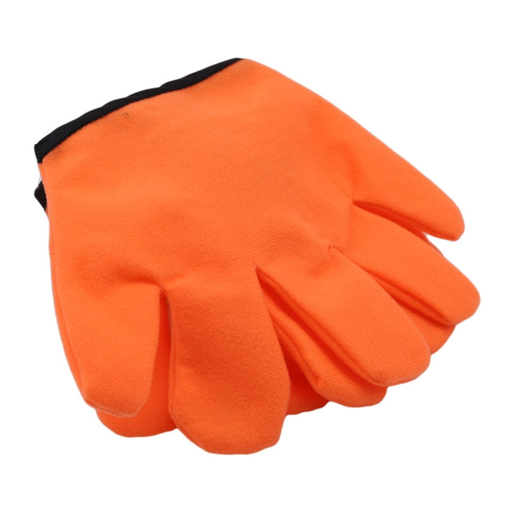 Orange plush catching glove with padded finger tips and black trim along the wrist.