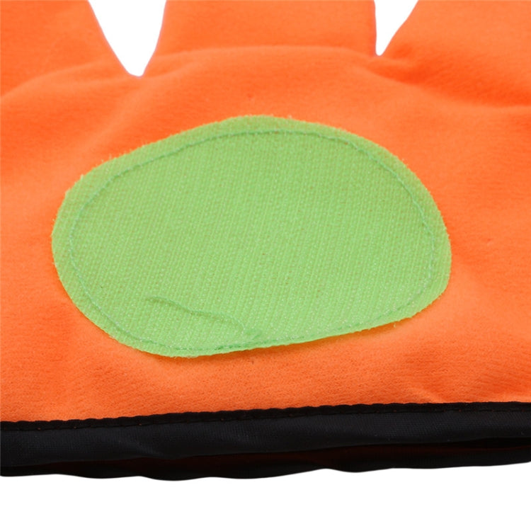 Orange plush glove with large green oval grip pad and black cuff trim.