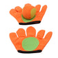 Kids plush sticky ball catching gloves set, orange palms with green pad, black cuffs.