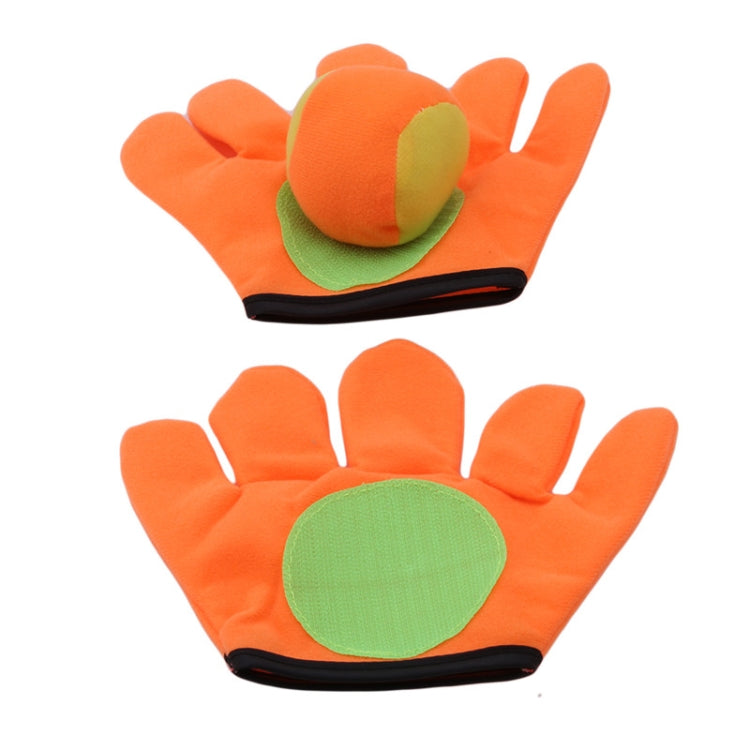 Kids plush sticky ball catching gloves set, orange palms with green pad, black cuffs.