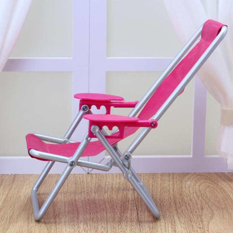 Doll folding beach chair recliner in pink canvas on silver stand with legs