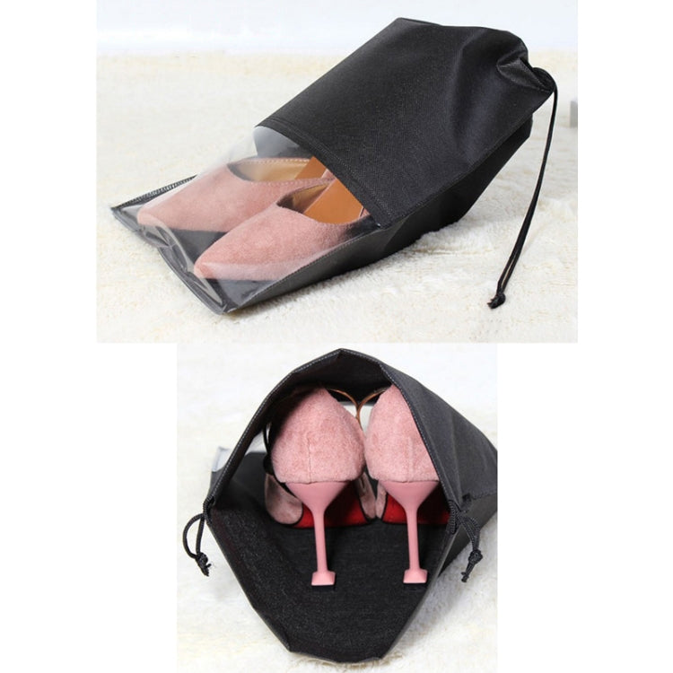 Black shoe storage bag pouch set with drawstring and clear window, holding pink heels