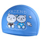 Blue kids waterproof swimming cap with cartoon bear duo and small starfish shapes