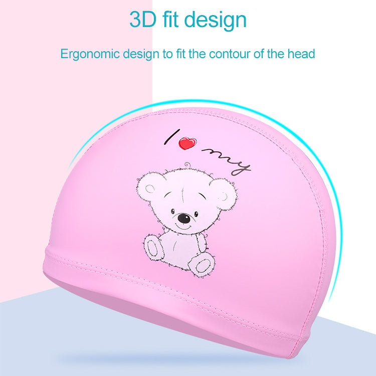 Pink children’s waterproof swim cap with cartoon bear face patch on front