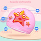Pink waterproof swim cap with colorful cartoon catfish or shark graphic and seams