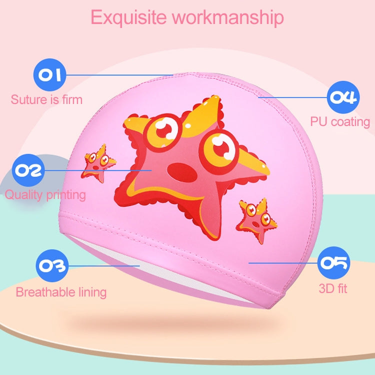 Pink waterproof swim cap with colorful cartoon catfish or shark graphic and seams