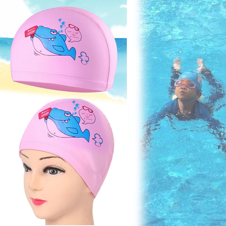 Pink waterproof swim cap with cartoon dolphin, shown worn on a head