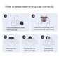 Swimming cap how-to diagram with numbered steps for wearing and spreading the cap