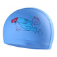 Blue children’s waterproof swim cap with cartoon shark graphic and bubbles