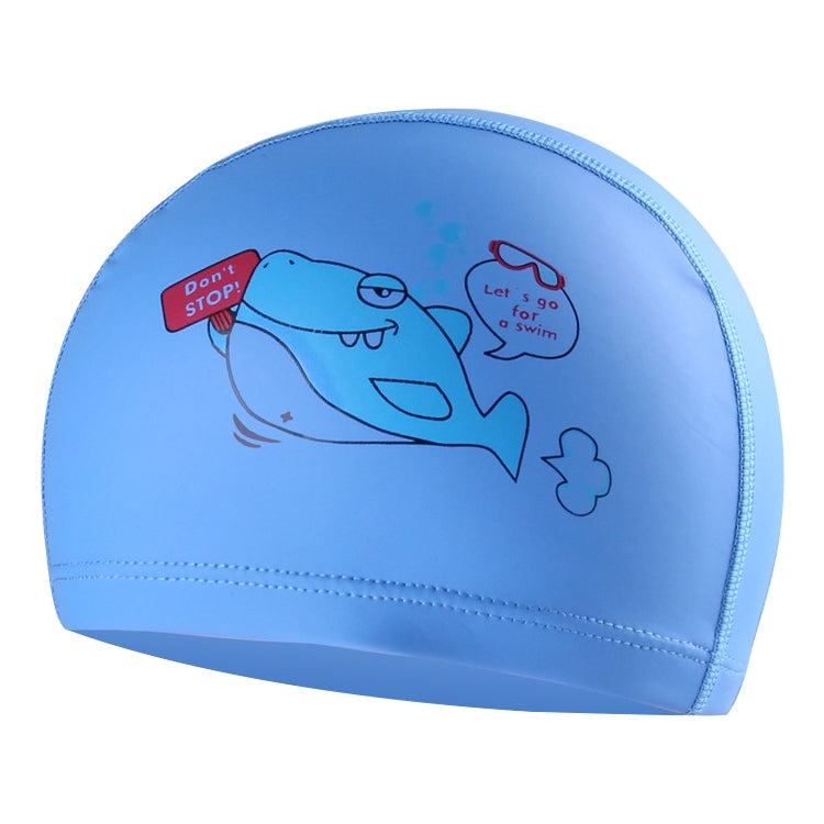 Blue children’s waterproof swim cap with cartoon shark graphic and bubbles