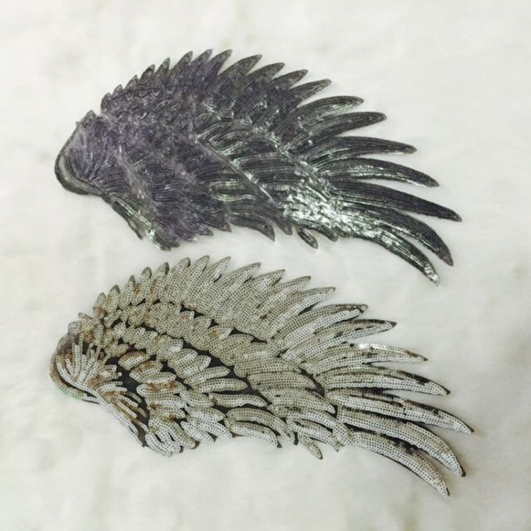 Pair of sequin feather wing patches in dark gray and silver tones