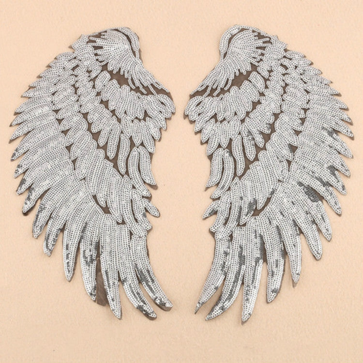 Pair of white sequin feather wing patches with layered scalloped fringe