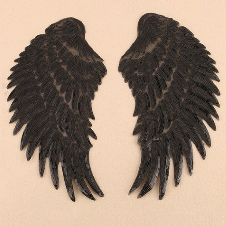 Pair of black sequin feather wing patches, two appliques for DIY clothing.